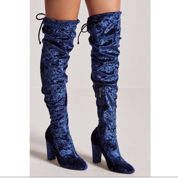 Thigh High Blue Velvet Boots 
